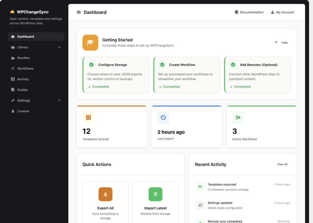 WPChangeSync Dashboard screenshot