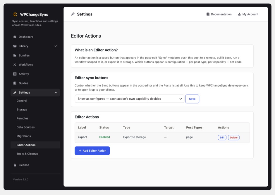 The WPChangeSync Editor Actions settings screen