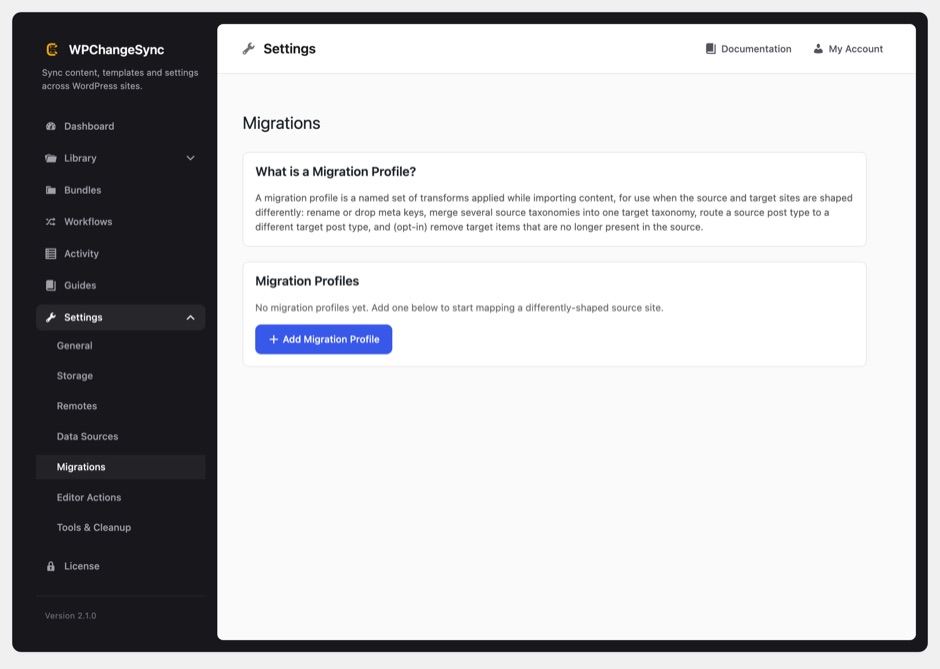 The WPChangeSync Migrations settings screen for transform profiles