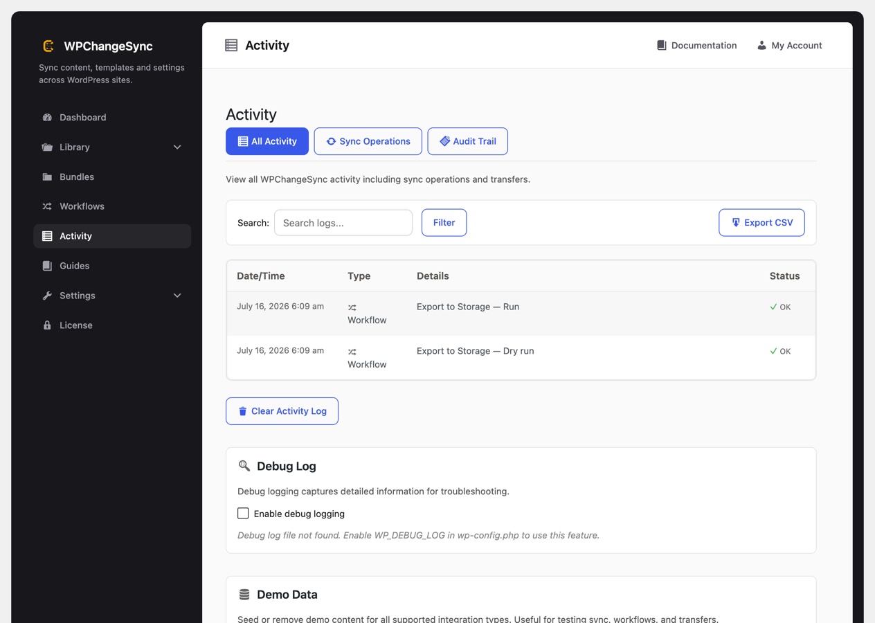 The Activity screen showing All Activity, Sync Operations and Audit Trail views