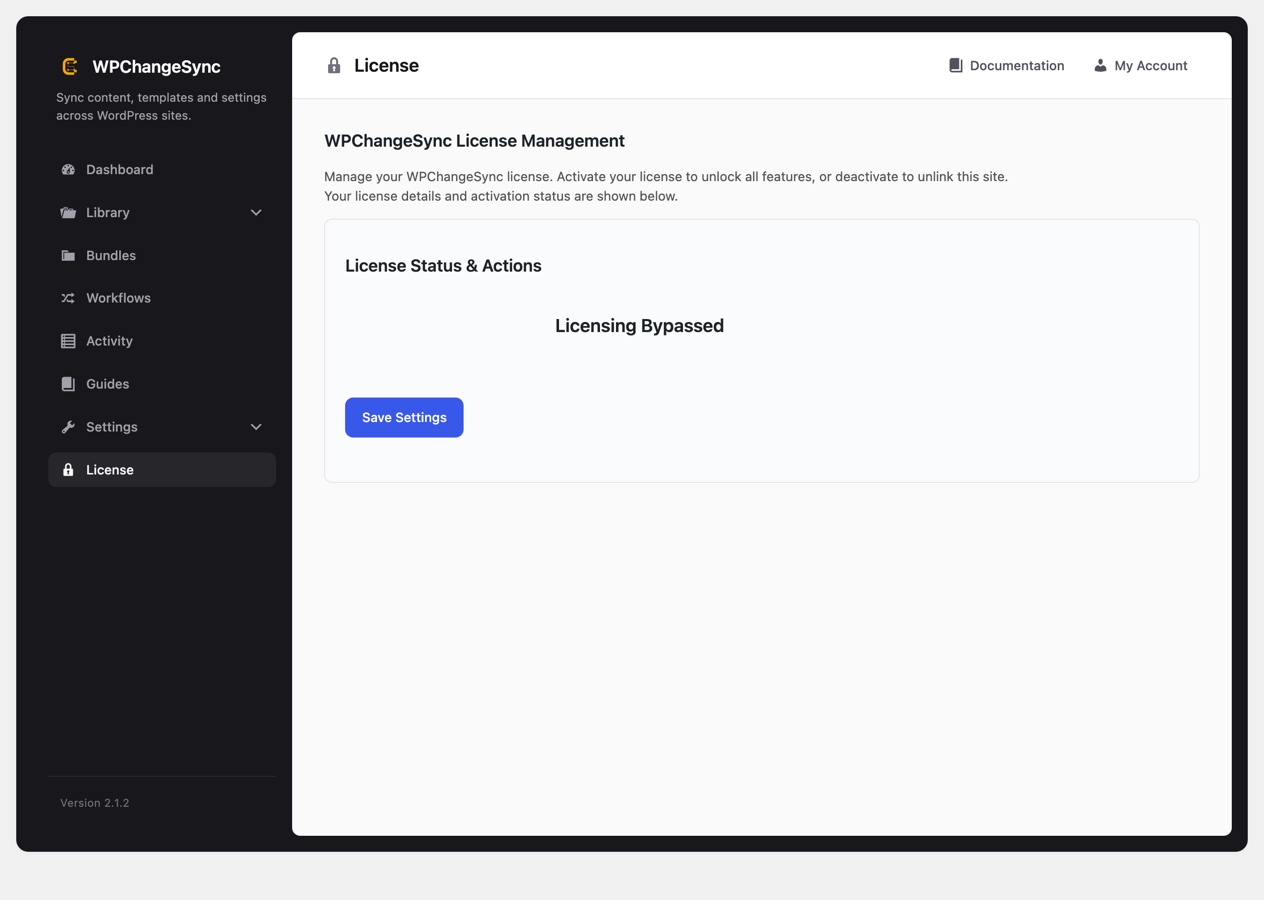 The WPChangeSync License screen