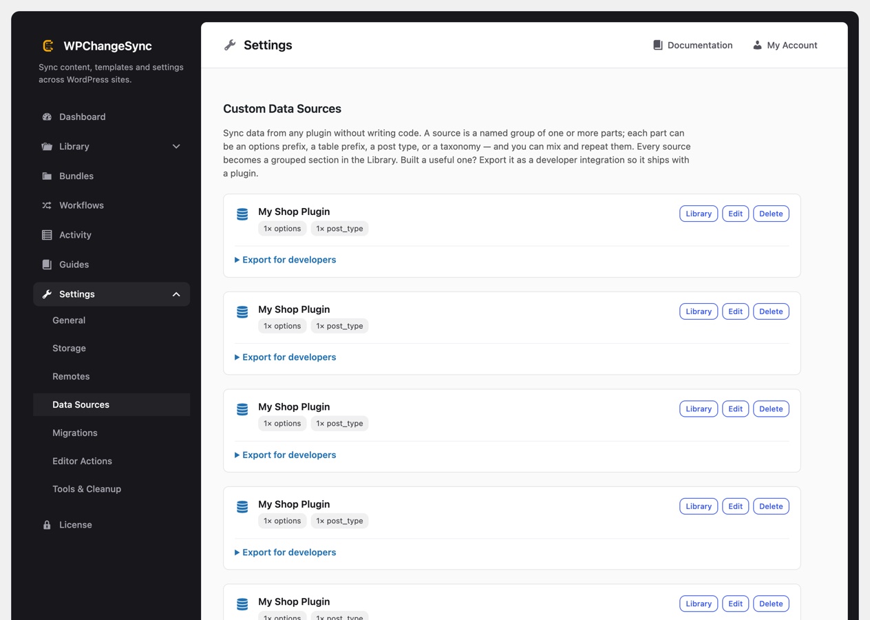 The Data Sources settings screen where custom sources are built