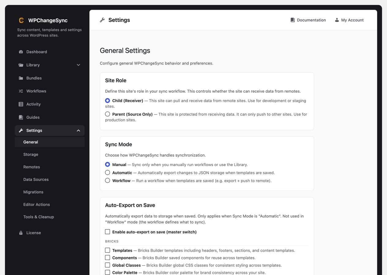 General Settings showing Site Role, Sync Mode and Auto-Export on Save