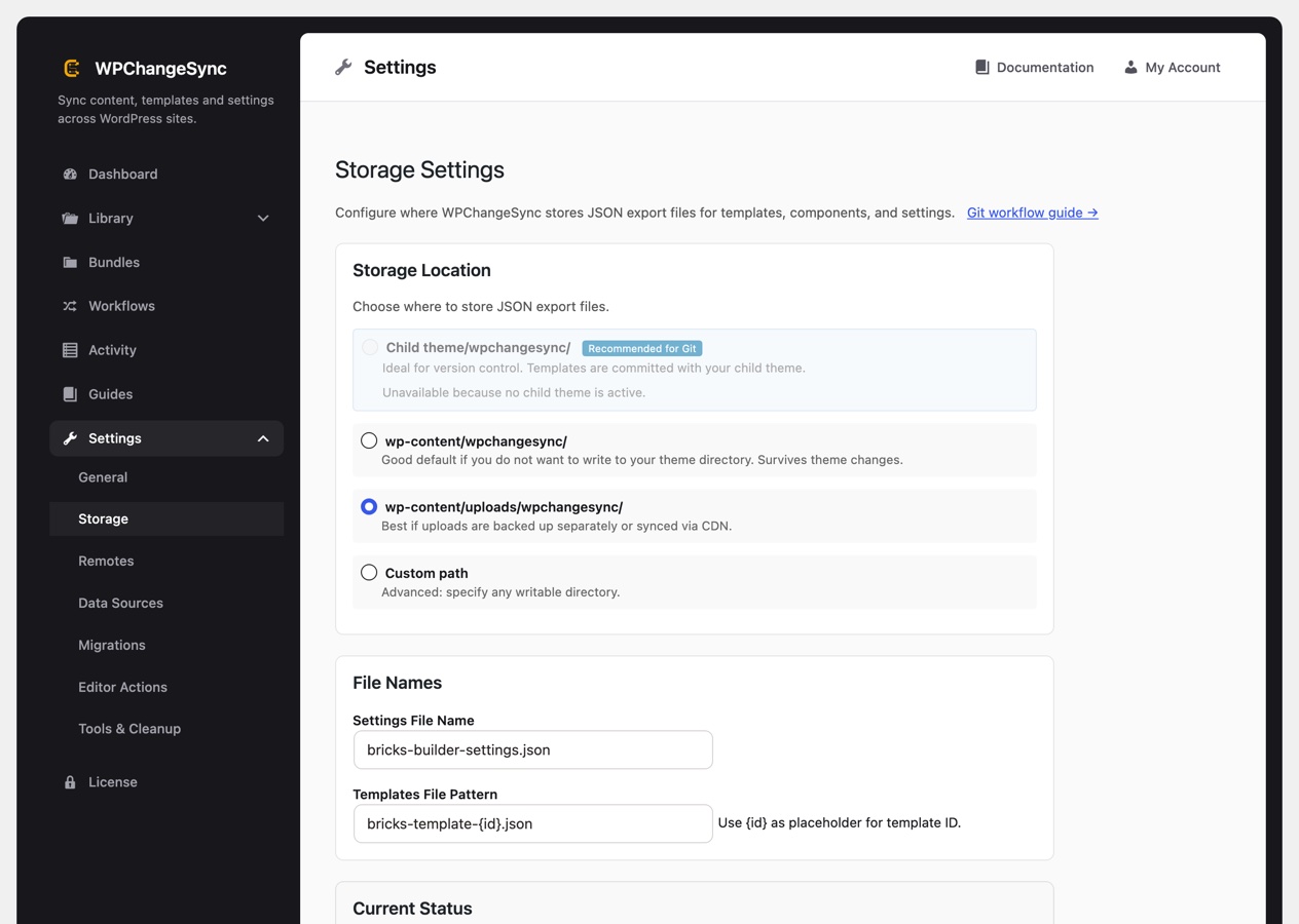 WPChangeSync Storage Settings showing the four storage location options