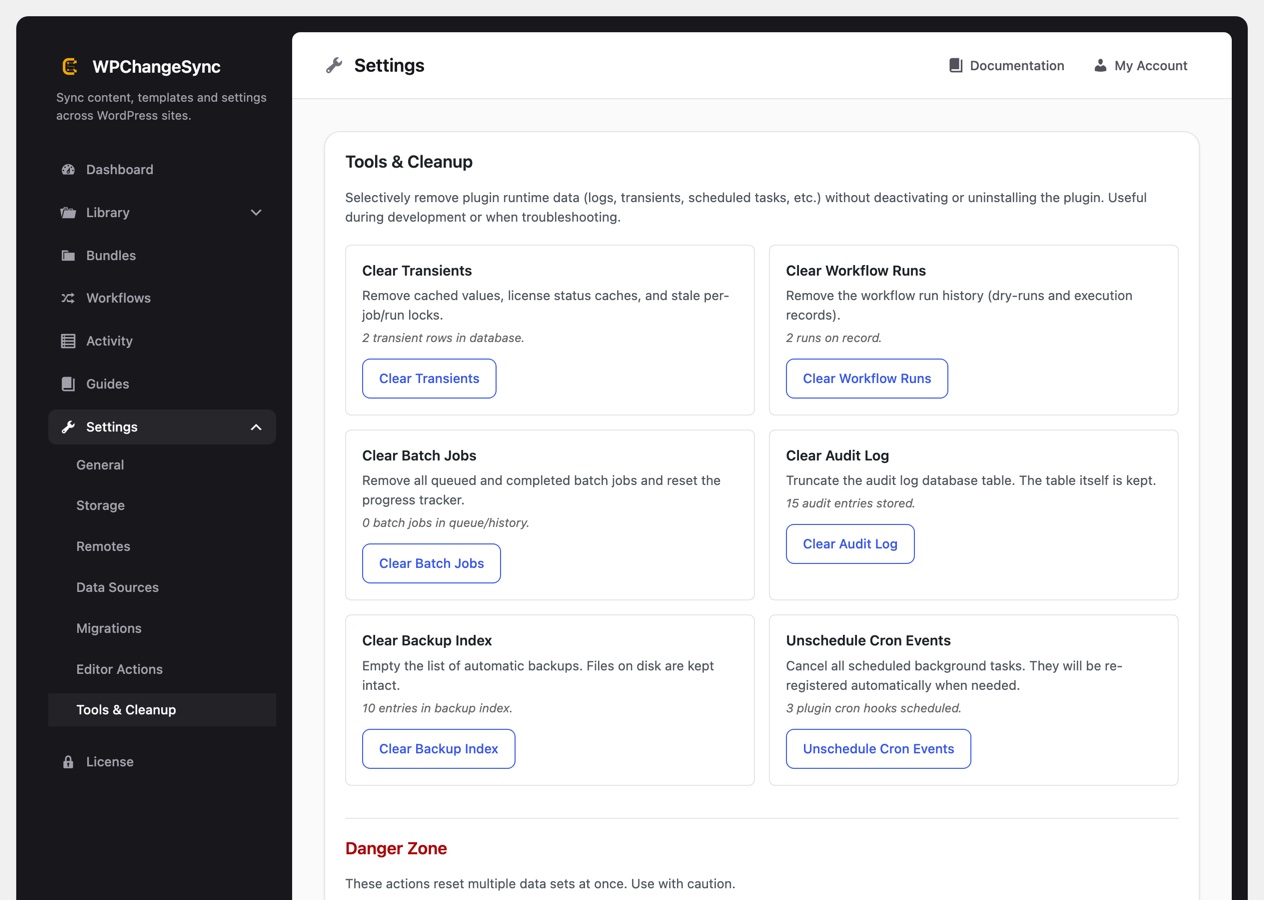 The Tools and Cleanup settings screen