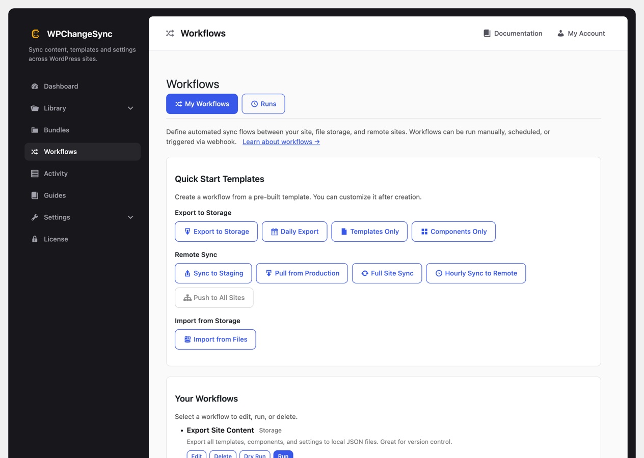 The Workflows screen with quick start templates and a saved workflow